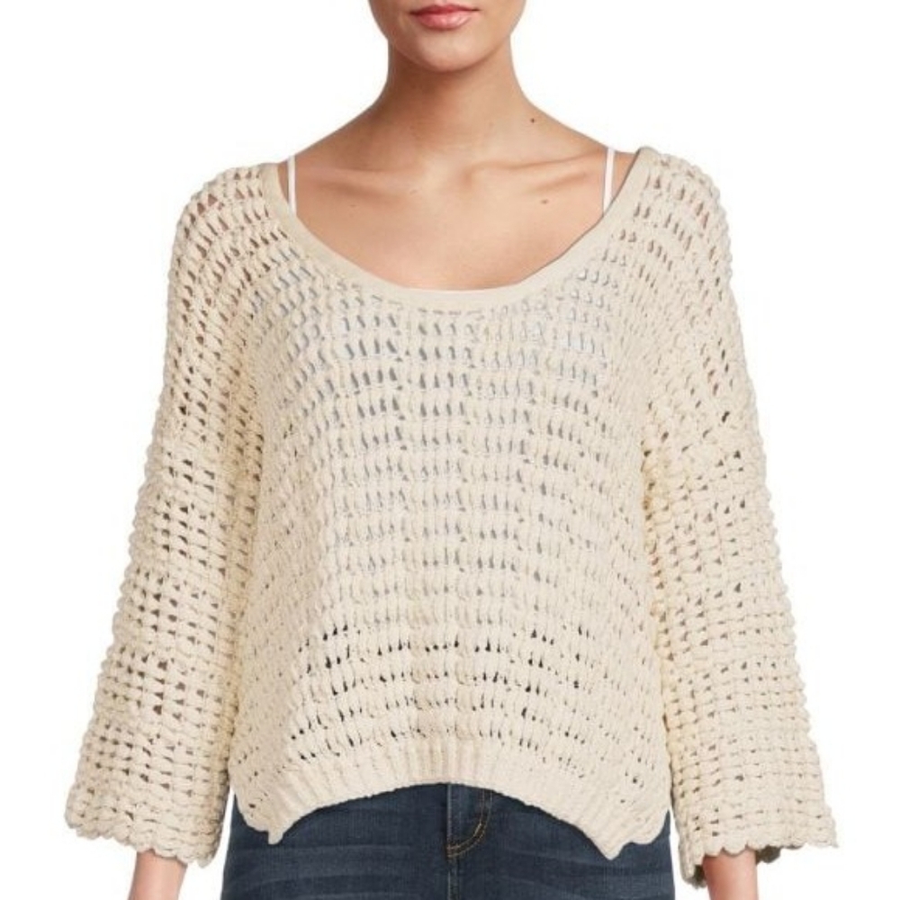 Free People Open Weave Cream 3/4 Sleeves Scoop Neck Cozy Pullover Sweater Large